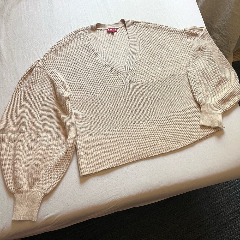 STAUD tan rayon blend v neck long puff sleeve oversized chunky knit‎ sweater